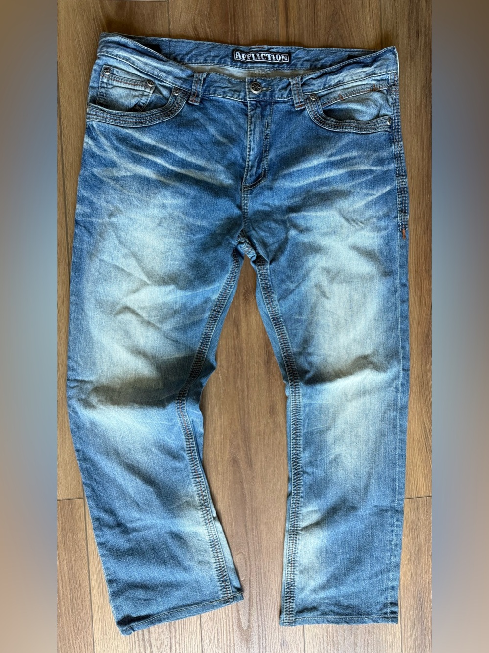 Affliction Black Premium Ace Jeans Handcrafted Men's 36x28 Blue Distressed Wash